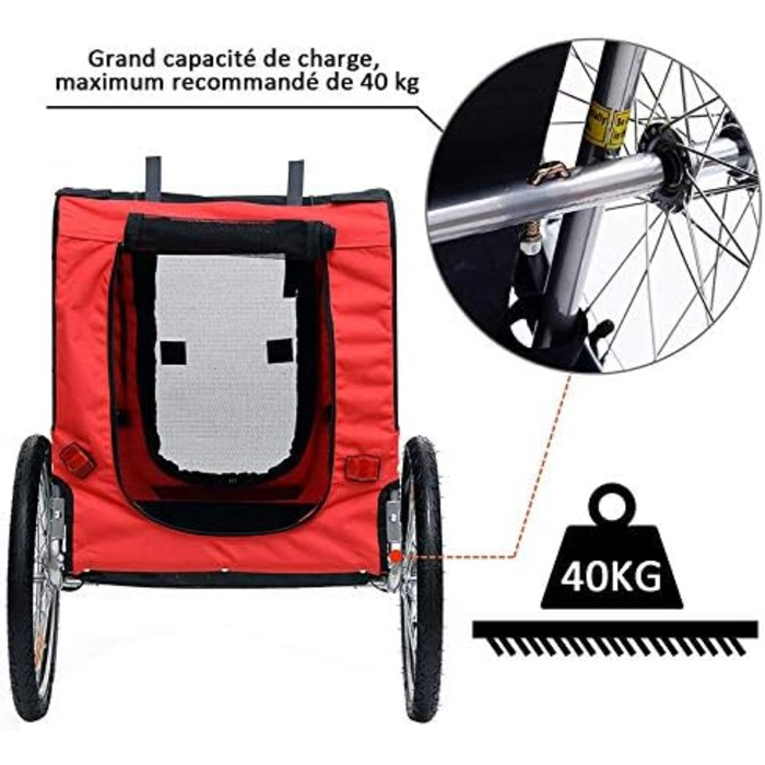 Дитячий причіп 2-в-1 для велосипеда з функцією бігу, причіп для собак середніх порід, вантажопідйомність до 40 кг (червоний / чорний)