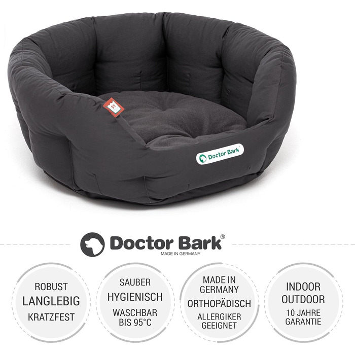 Ортопедичне кругле ліжко для великих собак Doctor Bark з м'яким бортиком, двосторонньою подушкою та іграшкою, сіра, розмір L 60x50 см, пране до 95°C, Німеччина