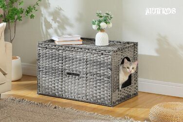 MUTTROS туалет для котів з ротанга, прихований туалет для котів, меблі з ручної плетіння, з високою дверцятами та піднятим бортиком, котячий будиночок-шафка для великих котів, для дому, вітальні, сірий