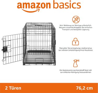 Клітка для собак Amazon Basics складна металева з двома дверцятами, чорна, 76 x 48 x 53 см