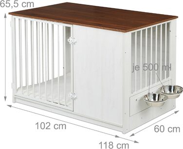 Клітка для собак Relaxdays, для дому, HBT: 65,5x102x60 см, 2 обертові миски, собача будка з виглядом дерева, МДФ & сталь, (білий/коричневий)