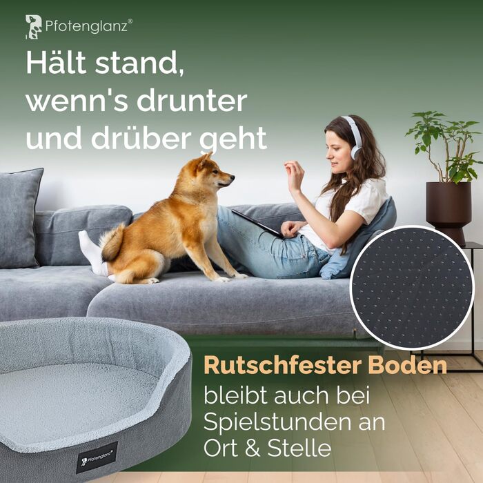 Ортопедичне ліжко для собак Pfotenglanz: зручне та м'яке ліжко-корзина для собак середніх порід. Розмір 85x65 см, з вологостійким покриттям, ковзаючою основою та м'якою матрацом з холодним пінополіуретаном. Сірий колір.
