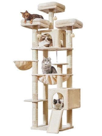 Дерев'яний комплекс для котів Taoqimiao 193 см, великий, з будиночками, лежаками, гачком та когтеточками (MS047G, сірий/бежевий)
