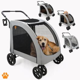 Візок для собак Честер - візок для великих собак, котів, зручний, складний, з дощем та тримачем для напоїв, вантажопідйомність 50 кг (Сірий)