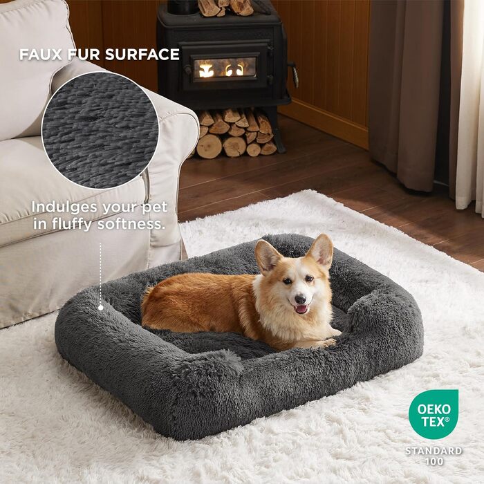 Лежак для собак і котів BEDSURE, м'який, квадратний, 64x53x18 см, для малих собак та великих котів, з антиковзким дном, сірий, придатний до прання