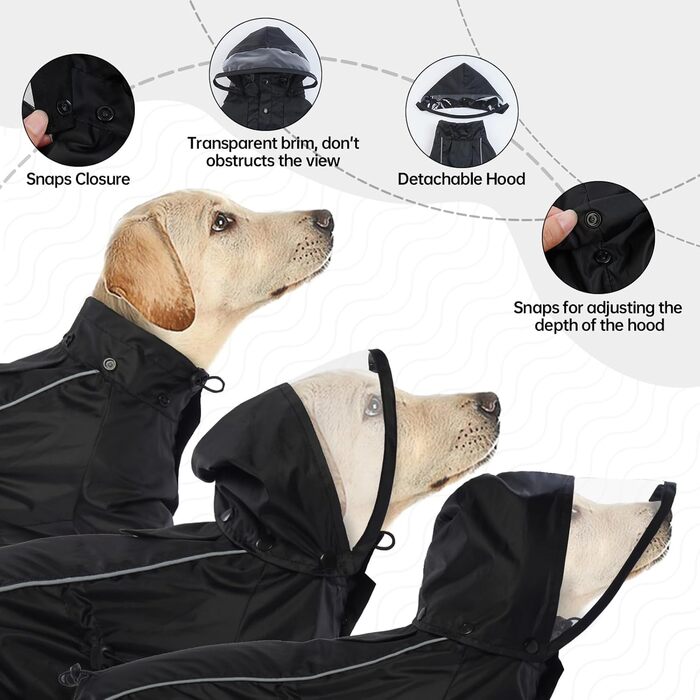 Водонепроникний дощовик для собак, чорний, розмір S. Дощовик для маленьких собак з капюшоном, на кнопках.
