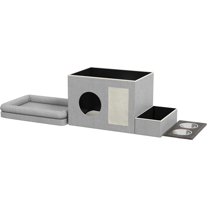 Павук Хатинка для котів PawHut з мисками, лежанка з подушкою, дряпка, будиночок для котів та собак до 8 кг, сірий, 78 x 48 x 49,5 см