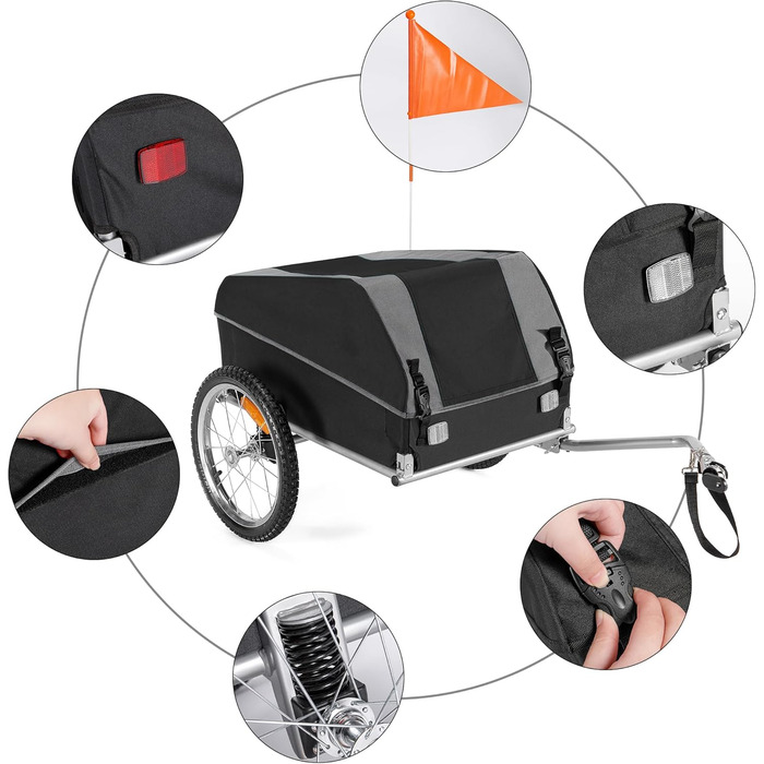 Велосипедний причіп CXWXC зі стоп-каміном - великий вантажний простір до 120 л, вантажопідйомність 40 кг, складаний вантажний причіп з тентом та прапорцем безпеки - ідеальний для щоденного транспортування (чорний)