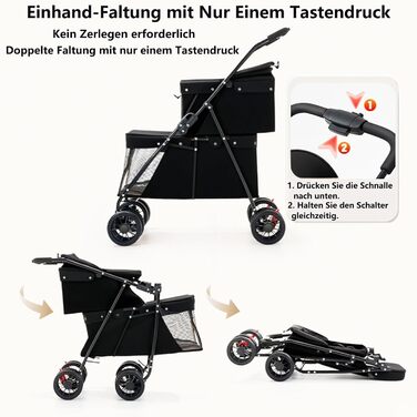 Складаний візок для собак на 2 ярусах, переноска для домашніх тварин до 24 кг, візок для собак з сітковими віконцями, ремінь безпеки, 4 колеса, складаний візок для котів та маленьких собак (чорний)