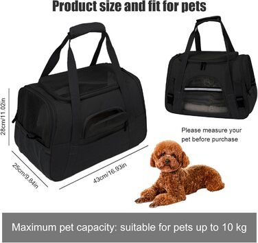 Транспортна сумка для тварин ZSMJAER з підстилкою з флісу, для котів та маленьких собак до 10 кг, чорна