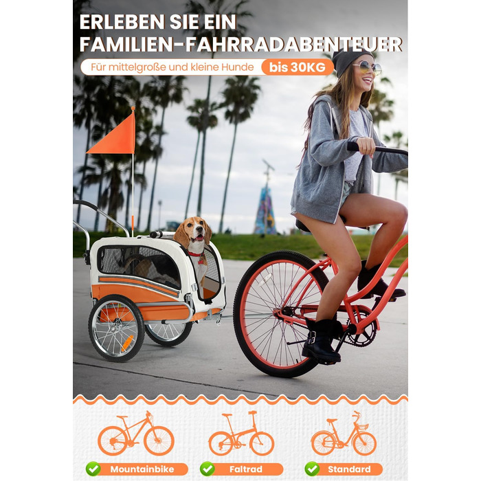 Причіп для собак SEPNINE® 2-в-1 для велосипеда та джоггінгу, до 30 кг, помаранчевий