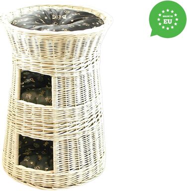 Кігтеточка-ліжко для котів: кругла хатинка з ротангу, триповерхове ліжко для собак та котів, колір білий (з коричневими та золотими подушками)