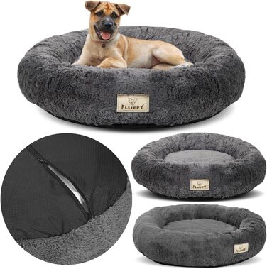Кругле ліжко для собак King Dog, 80 см, м'яке, з плюшевим покриттям, знімний внутрішній подушок, антиковзаюча підкладка, можна прати, колір: пісковий