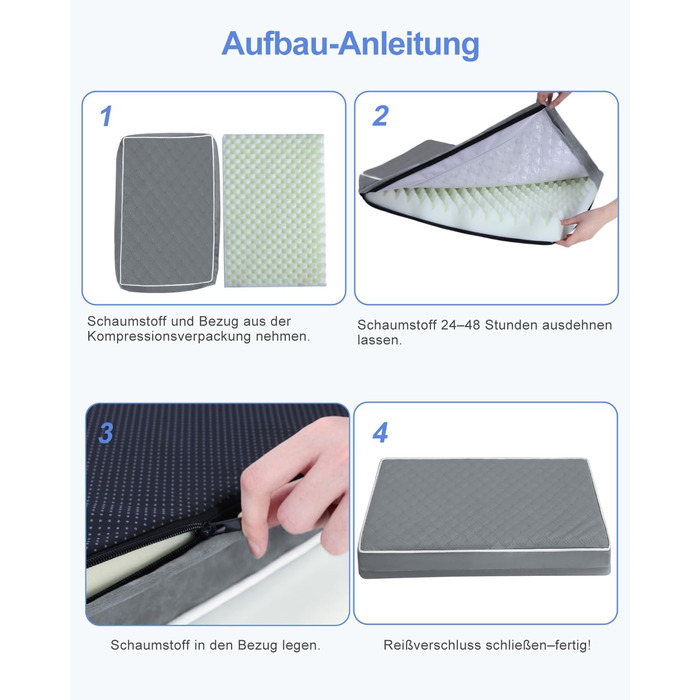 Ортопедичне ліжко для собак KSIIA, великі породи, 104x68x8 см, знімний матрац, миється, сіре