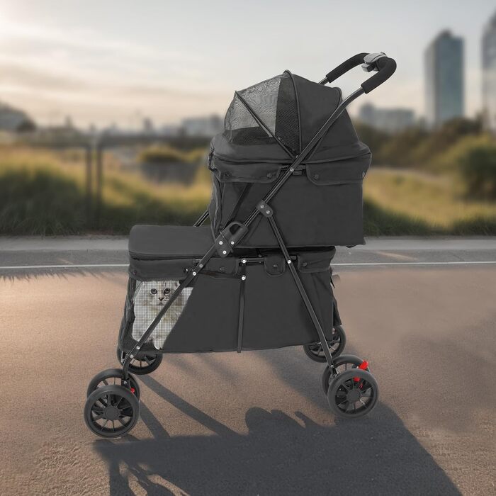 Візок для собак та котів, 2-шарів, до 15 кг, чорний, складний, з сіткою для вентиляції та ременями безпеки