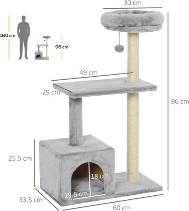 Дряпак для котів PawHut 96 см, сізал, котячий будиночок, іграшковий м'ячик, сірий, 40 x 40 x 72 см