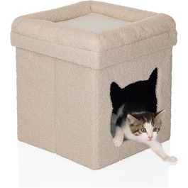 Квітковий будиночок для котів PAWY з подушкою, розкладне ліжко для котів з Bouclé тканини, знімний дах, 40x40x44 см, Бежевий, кутовий / 44 x 40 x 40 см Бежевий