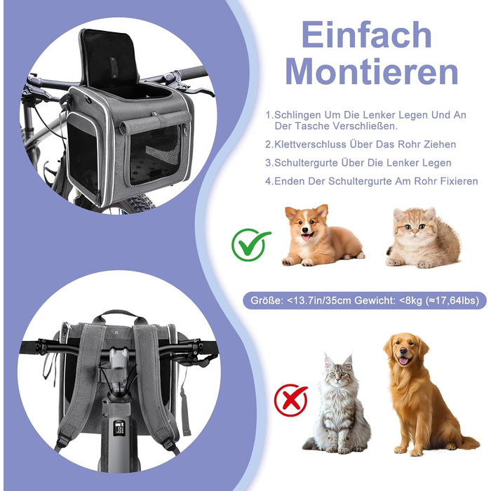 4-в-1 Корзина для собак на велосипед: корзина, рюкзак, велика сумка для котів та собак (до 8 кг)