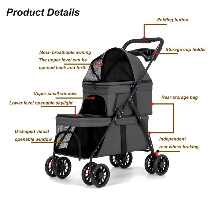 Подвійний візок для собак середніх та маленьких порід, котів, до 22,7 кг, універсальні колеса на 360°, легкий, складається в одну руку, для кошенят, цуценят, дитячий візочок для тварин (подвійний)