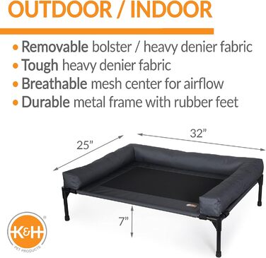 Ківш для собак K&H Pet Products Bolster, з охолодженням, для дому та вулиці, підняте ліжко для собак з знімними валиками для шиї, знімний мережевий чохол, підходить для середніх собак, антрацитовий/чорний, 81 x 64 x 28 см