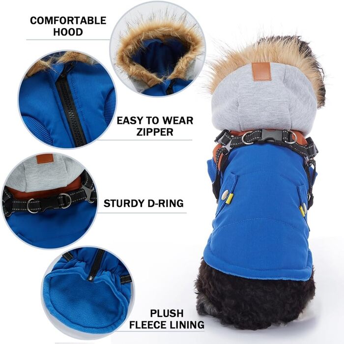 Тепла куртка-худі для собак маленьких та середніх порід, водонепроникна та вітронепроникна. З світловідбиваючим кріпленням для шлейки. Синій колір, розмір X
