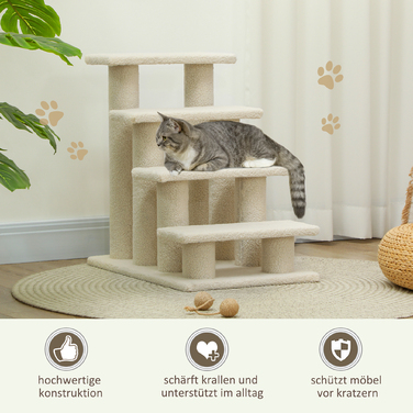 PawHut Pet сходи для собак і кішок 4-ступінчасті плюшеві бежеві 63,5x43x60см ідеально підходять для літніх тварин