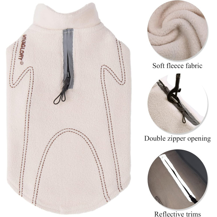 Тепла куртка VIVAGLORY для собак на зиму, флісова жилетка з застібкою-липучкою та отвором для повідка, світловідбиваюча, регульована, S, Бежевий