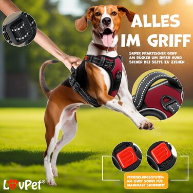LOVPET® Шлея для собак без натягу і удушення, дихаюча м'яка нагрудна шлея для малих собак і цуценят, відбивна, регульована, з ручкою та пакетами, бордовий, XL