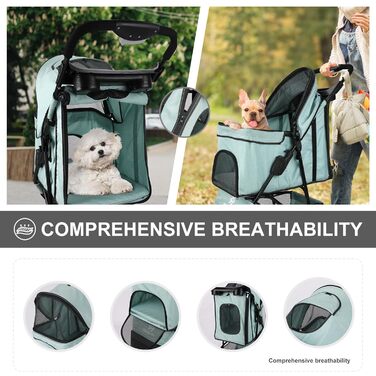 Дитяча коляска для тварин, складана, для котів/собак, з кошиком для зберігання та тримачем для напоїв, 3 колеса, для собак та котів, для маленьких або середніх собак, котів, цуценят (Блакитно-зелений)