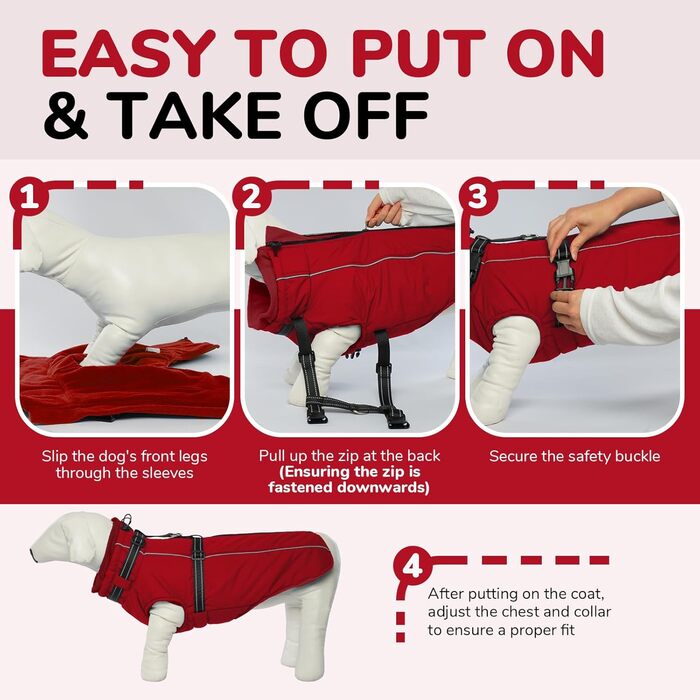 Теплий зимовий одяг для собак Lelepet: куртка з інтегрованим шлейкою, вітронепроникний флісовий підклад, світловідбиваюча жилетка для холодної погоди, 2XL (Small, Червоний)
