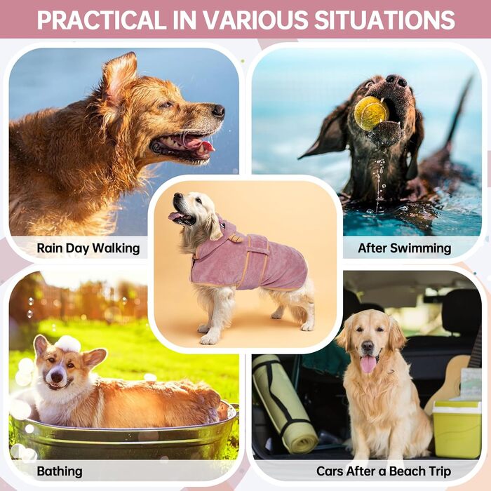 Рушник для собак, сушильний халат для собак, рожевий рушник для великих собак, халат з мікрофібри з капюшоном для регульованого пояса для Golden Retriever, Labrador 2XL XXL Рожевий