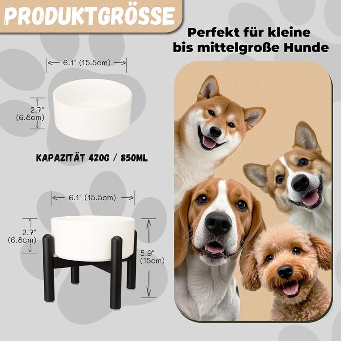 Підвищена годівниця для собак, керамічна миска для корму з нержавіючою підставкою - для маленьких та середніх собак, діаметр 15,5 см, об'єм 850 мл, білий колір