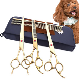 Набір професійних ножиць для грумінгу собак (7 шт.) | З нержавіючої сталі | Ножиці для догляду за тваринами [Золотий]