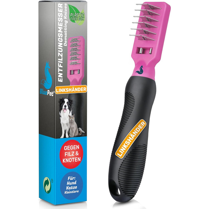 Камбі для вичісування собак та котів BluePet Profi - для видалення ковтунів та розплутування шерсті (ліворука, рожевий)
