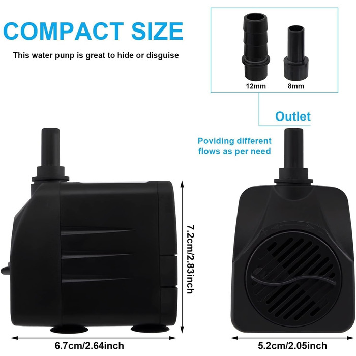 Погружний насос для ставка, фонтану, акваріума Wasserpumpe 1800 л/год, 3 насадки (13/16/19 мм), кабель 1.9м, 16 Вт