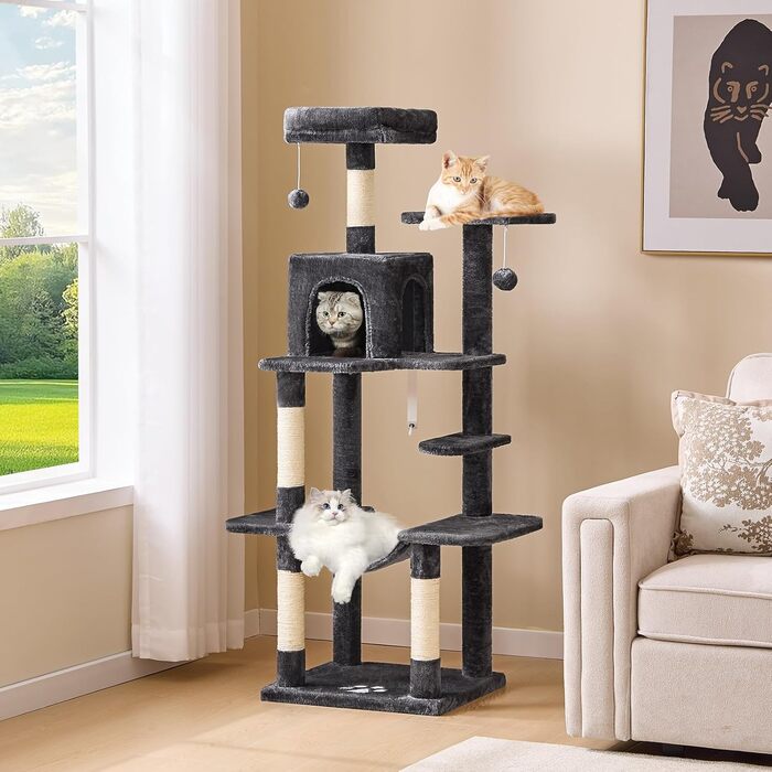 Кігтеточка для котів MSmask велика, 150 см, сіра, з 2 платформами, 2 будиночками, гамаком та сизалевими стовпчиками