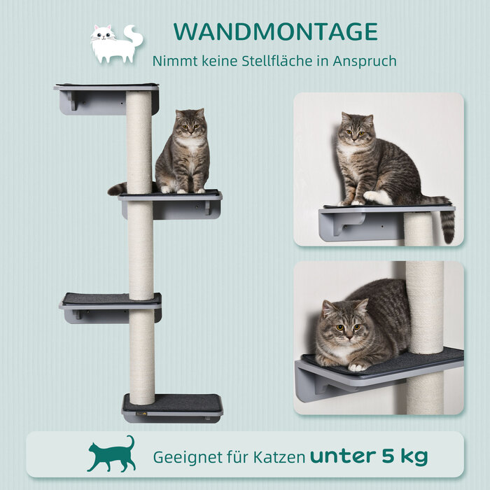Кігтеточка PawHut Wall Cat Climbing Wall 66x28x137см, настінна з дерева в світло-сірому бежевому кольорі, ідеально підходить для любителів кішок