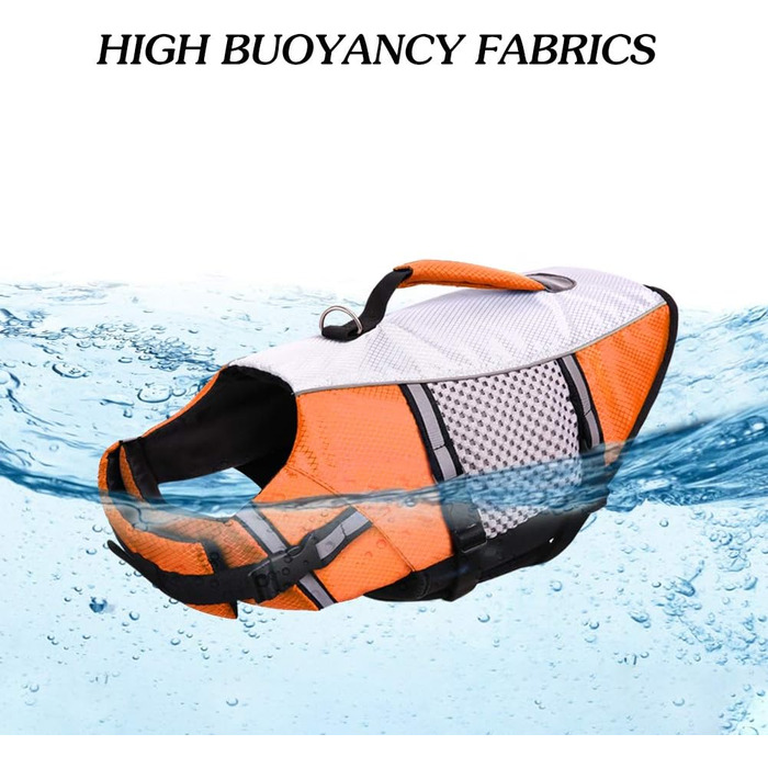 Жилет для плавання собак Queenmore, регульований, високопомітний, з рятувальним гачком, з кільцем для повідка (Помаранчевий, M)