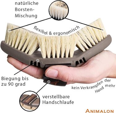 Щітка для коней Animalon CareFlex — жорстка коренева кардятша з натурального волосся, ергономічна щітка з липучкою для чищення шерсті, коричнева