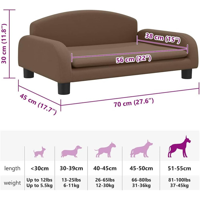 Крісло-ліжко для собак, м'яке ліжко для тварин, диванчик для маленьких собак та котів, коричневий, 70 x 45 x 30 см