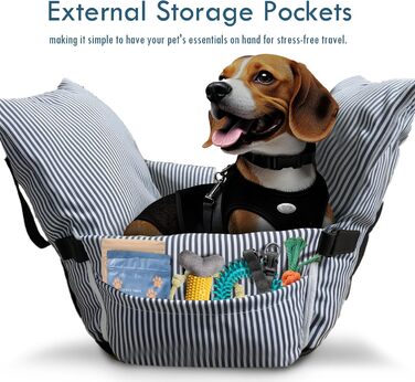 Автокрісло для собак - автокрісло-бустер для маленьких та середніх собак до 18 кг, з ременем безпеки та кишенями для зберігання, миється, антиковзаюча підставка (смугастий морський колір), 30x20.5 дюймів