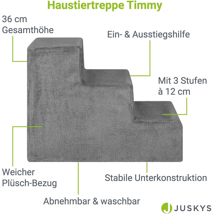 Сходинка для собак та котів Juskys - 3 сходинки, плюшевий знімний чохол, сірого кольору. Підходить для ліжка, дивана, софи та авто