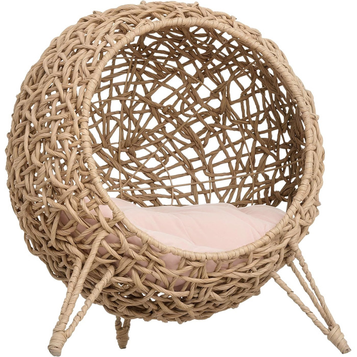 Будиночок для кота PawHut з ротангу з подушкою, лежанка для котів, котяча печера з піднятими ніжками, Ø52 x 58 см (натуральне дерево)