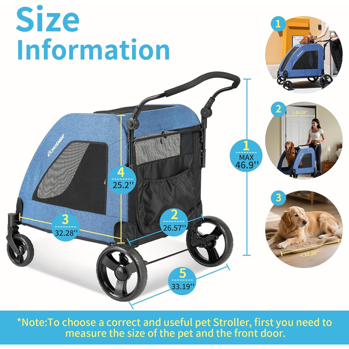 Візок для собак EchoSmile, середній та великий розмір, до 70 кг, складаний, з сітковими вікнами, регульована ручка, 4 проходимі колеса (блакитний)