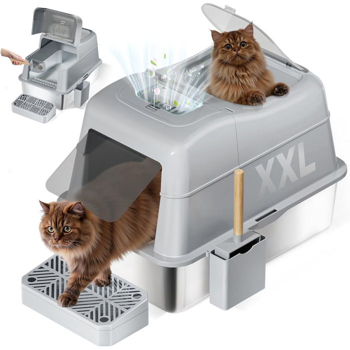XXL Лоток для котів зі сталі з кришкою, 110° поворотна кришка, закритий лоток для котів, великий об'єм 40л з совочком та педальним механізмом, без запаху, захист від протікання та легке очищення, 60х42х44 см