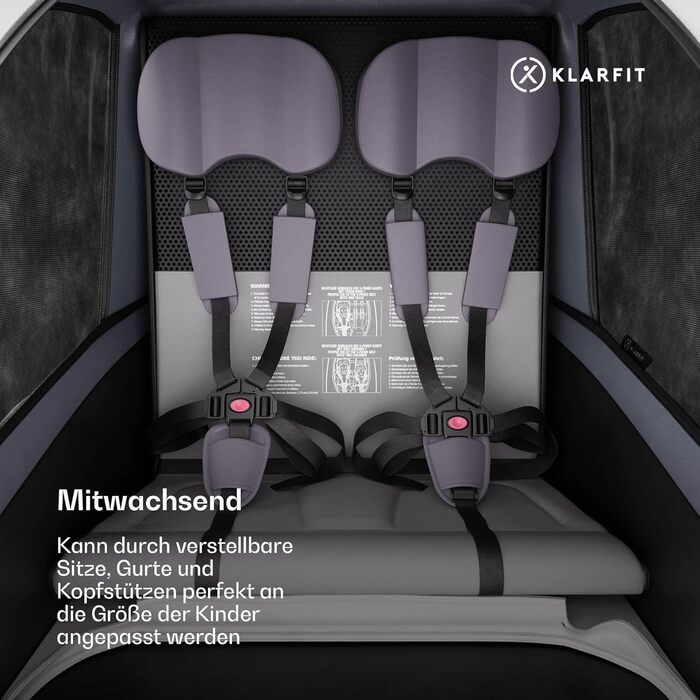 Klarfit GoKiddo: Причіп для велосипеда на 2 дітей - 2в1 (велопричіп та візок) з гальмами, ременями безпеки, регульованими сидіннями, вантажопідйомністю 40 кг, захистом від дощу та UV, складаний (світло-сірий)