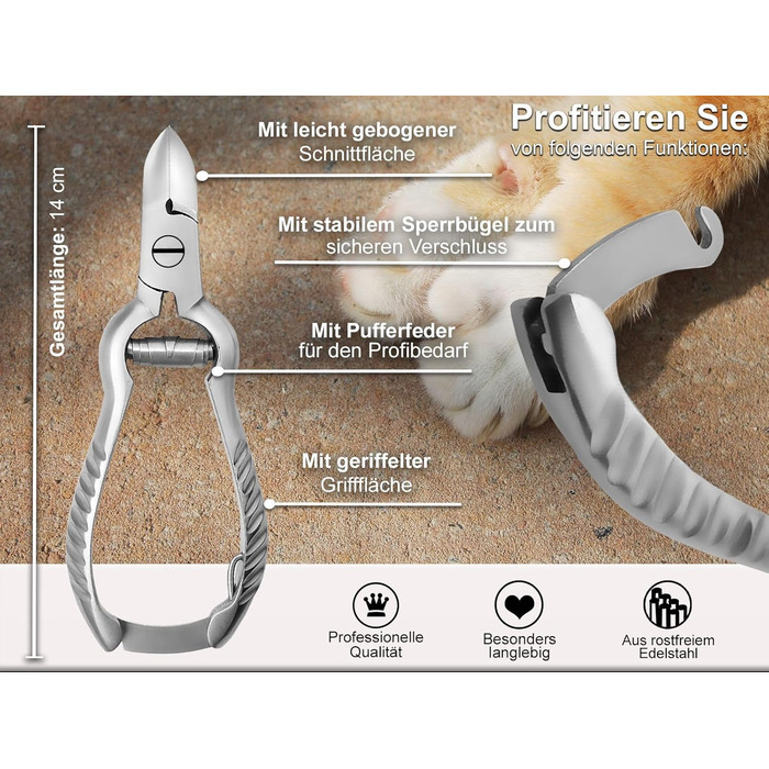 Професійний триммер для кігтів собак та котів Kraftvolle Krallenschneider з нержавіючої сталі, 14 см, з амортизуючою пружиною та блокуванням
