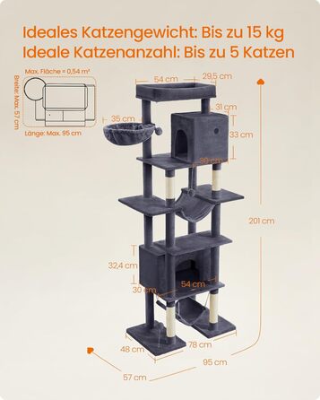 Котячий дерев'яний комплекс Feandrea XXL, 201 см, багатоярусний, з платформою, лежаком, 2 будиночками, 2 гамаками, захистом від перекидання, темно-сірий
