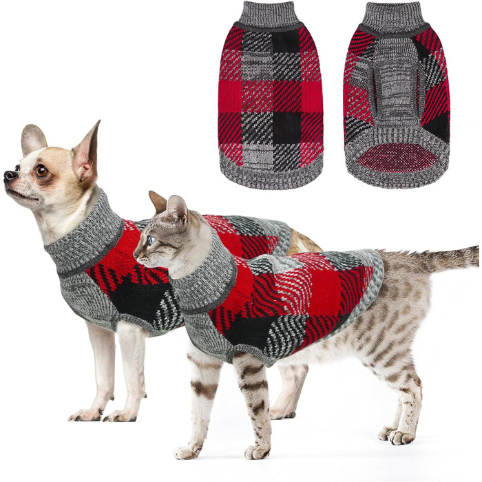 Пуловер для собак та котів, теплий, м'який, осінь/зима, розміри XXS-XS, сірий+червоний