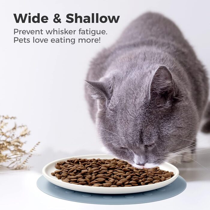 Керамічні годівниці для котів, набір 3 шт. з антиковзними килимками, широкі та плоскі миски для котів та кошенят, білий колір